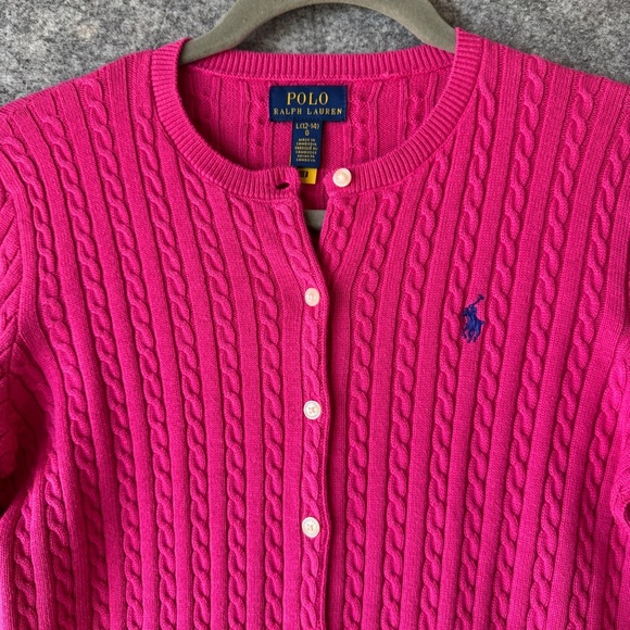 Polo Ralph Lauren Pink Cable Knit Cardigan Size L (12–14) Cotton Logo Sweater - Picture 3 of 11